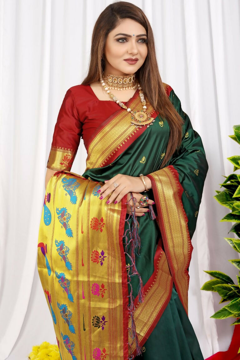 Jyoti Fashion Women's Bottle Green Paithani Silk Zari Woven Saree with Blouse