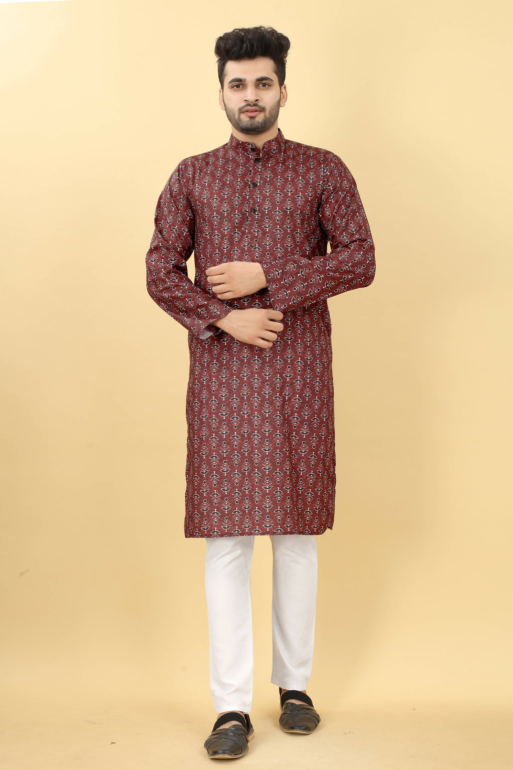 Maroon Cotton Printed Men's Kurta - Mahotsav
