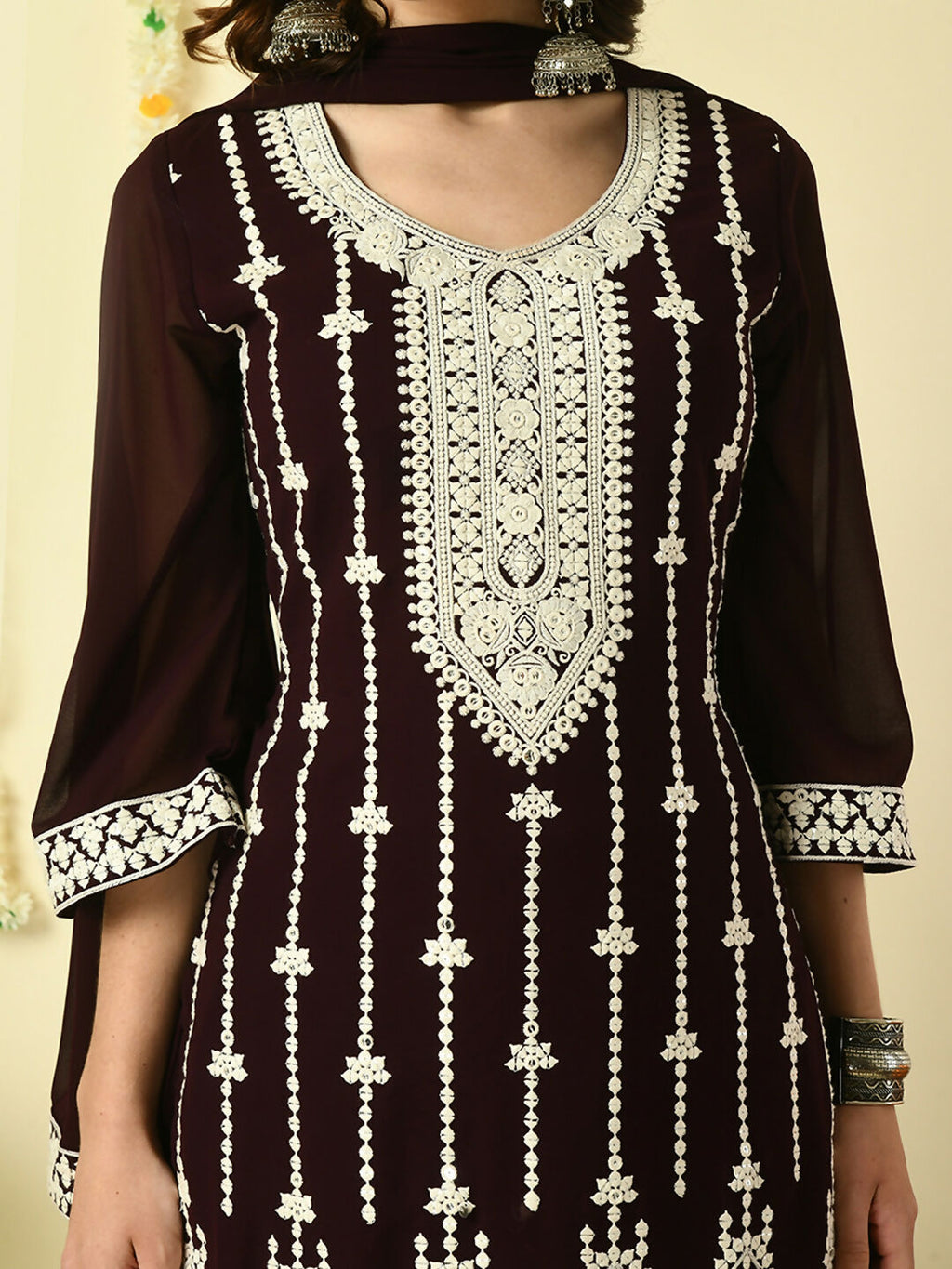 Myshka Women's Coffee Brown Georgette Kurta & Palazzos With Dupatta Party Sets