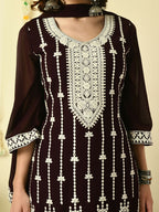 Myshka Women's Coffee Brown Georgette Kurta & Palazzos With Dupatta Party Sets
