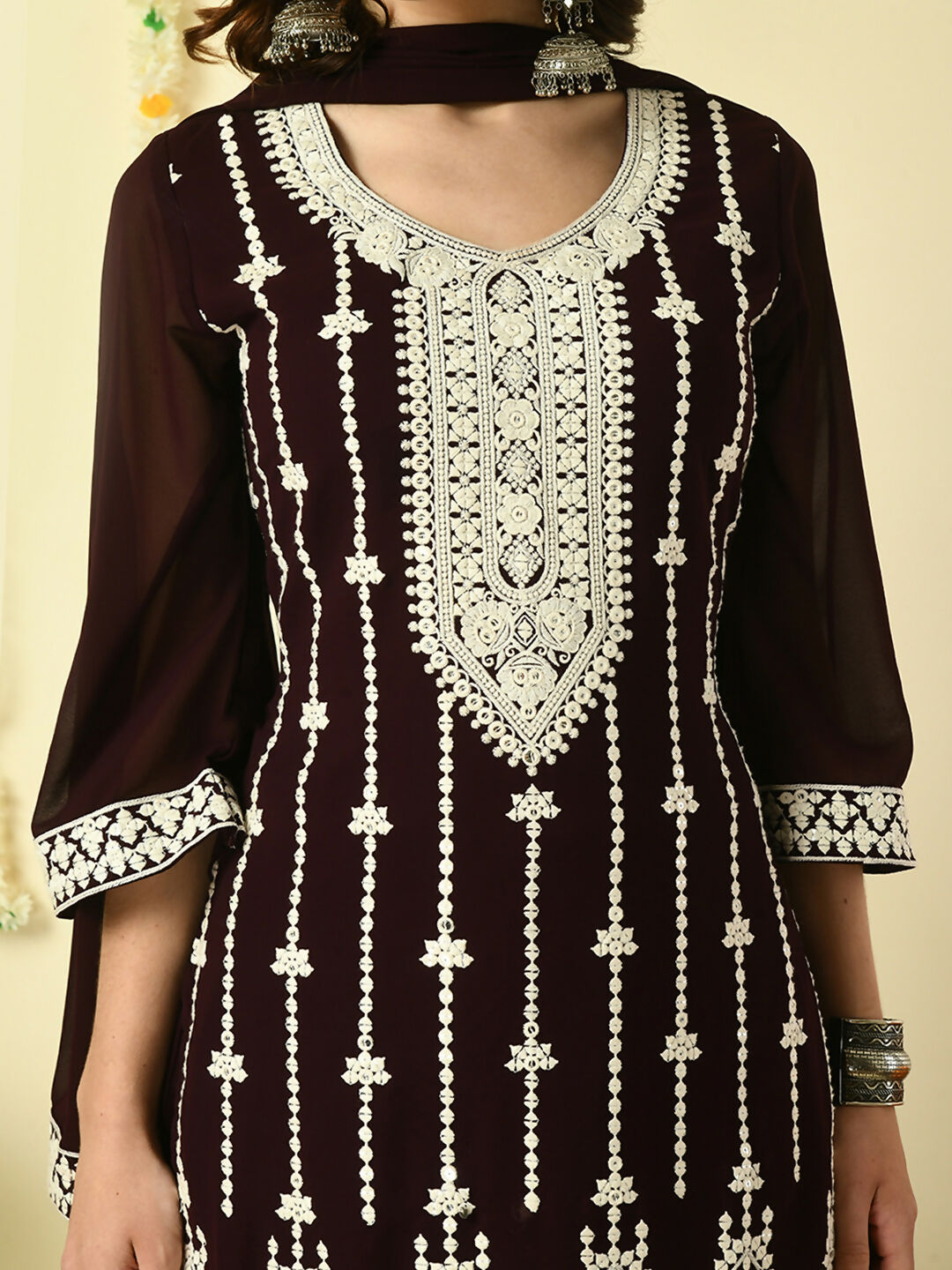 Myshka Women's Coffee Brown Georgette Kurta & Palazzos With Dupatta Party Sets