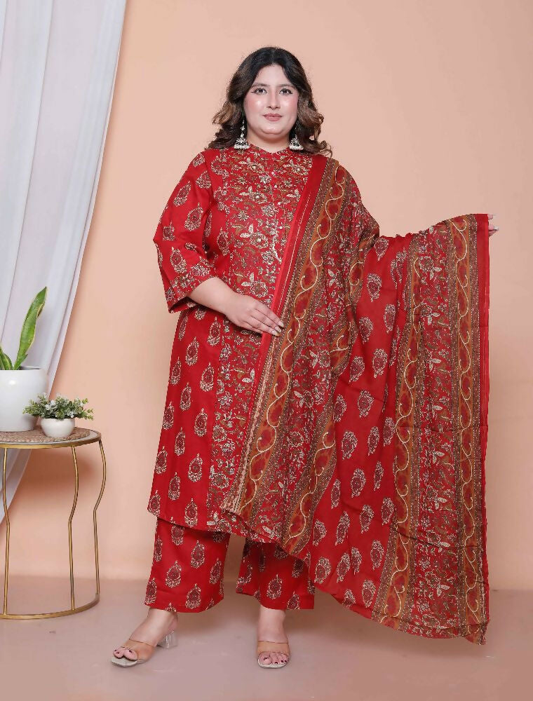 Miravan Women Floral Print Cotton Maroon Stitched Kurta Palazzo With Dupatta Set - Distacart