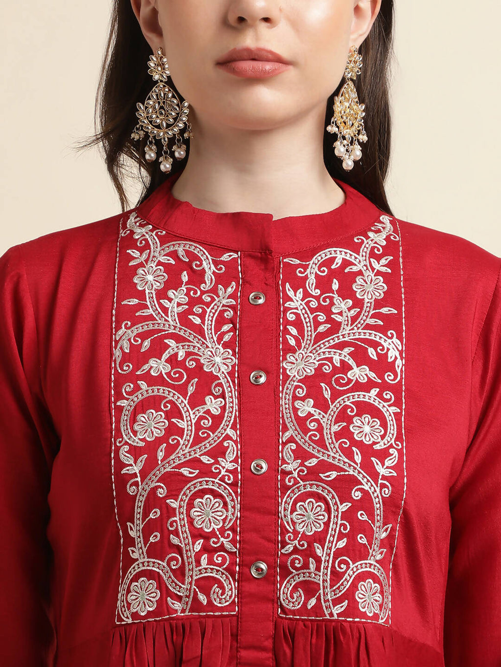 Red Chinon Floral Embroidered Top with Bottom - Maanushi