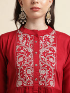 Red Chinon Floral Embroidered Top with Bottom - Maanushi