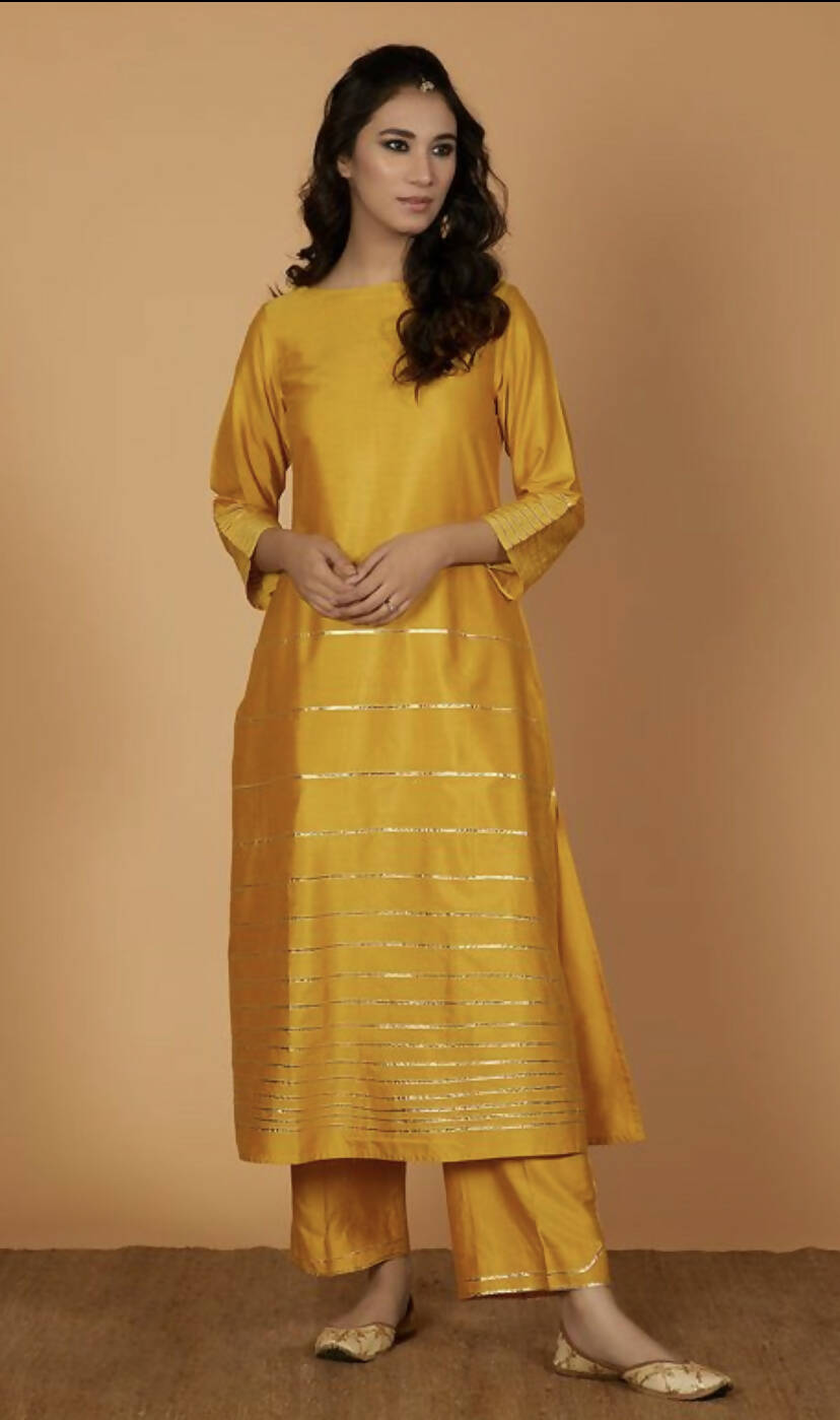 Cheera Women's Silk Blend Fancy Mustard Color Kurta Palazzo Set