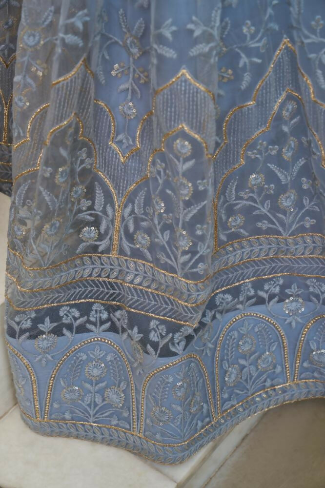 Aastha Fashion Light Blue Gray Butterfly Net Tone To Tone Cotton Thread Work And Sequence Work Embroidery Wedding Wear Lehenga Choli