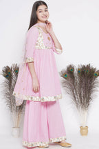 Little Bansi Floral Embroidery Jacket With Cotton Kantha Frock Sharara And Dupatta With Ghungroo Handwork - Pink