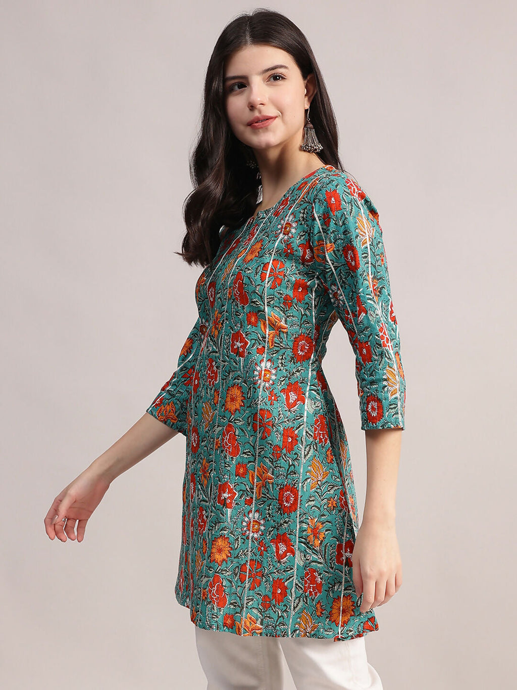 Aavyora Women's Teal Green Cotton A-Line Tunic with Red Floral Print and All-Over Pintuck Details
