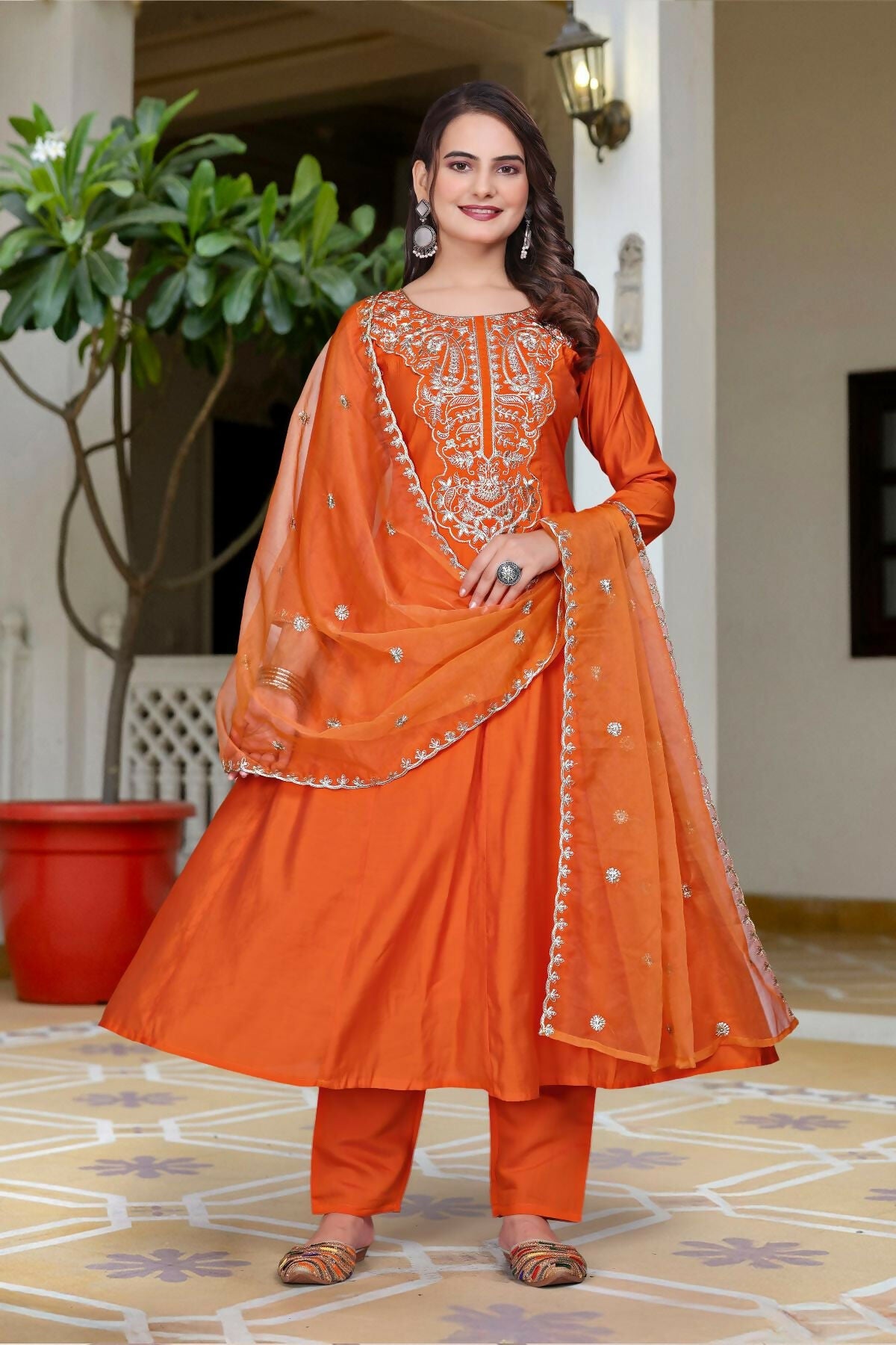 The52 Women's Beautiful Vichitra Fabric Embroidery Work Flared Anarkali Pant and Dupatta Set - Distacart