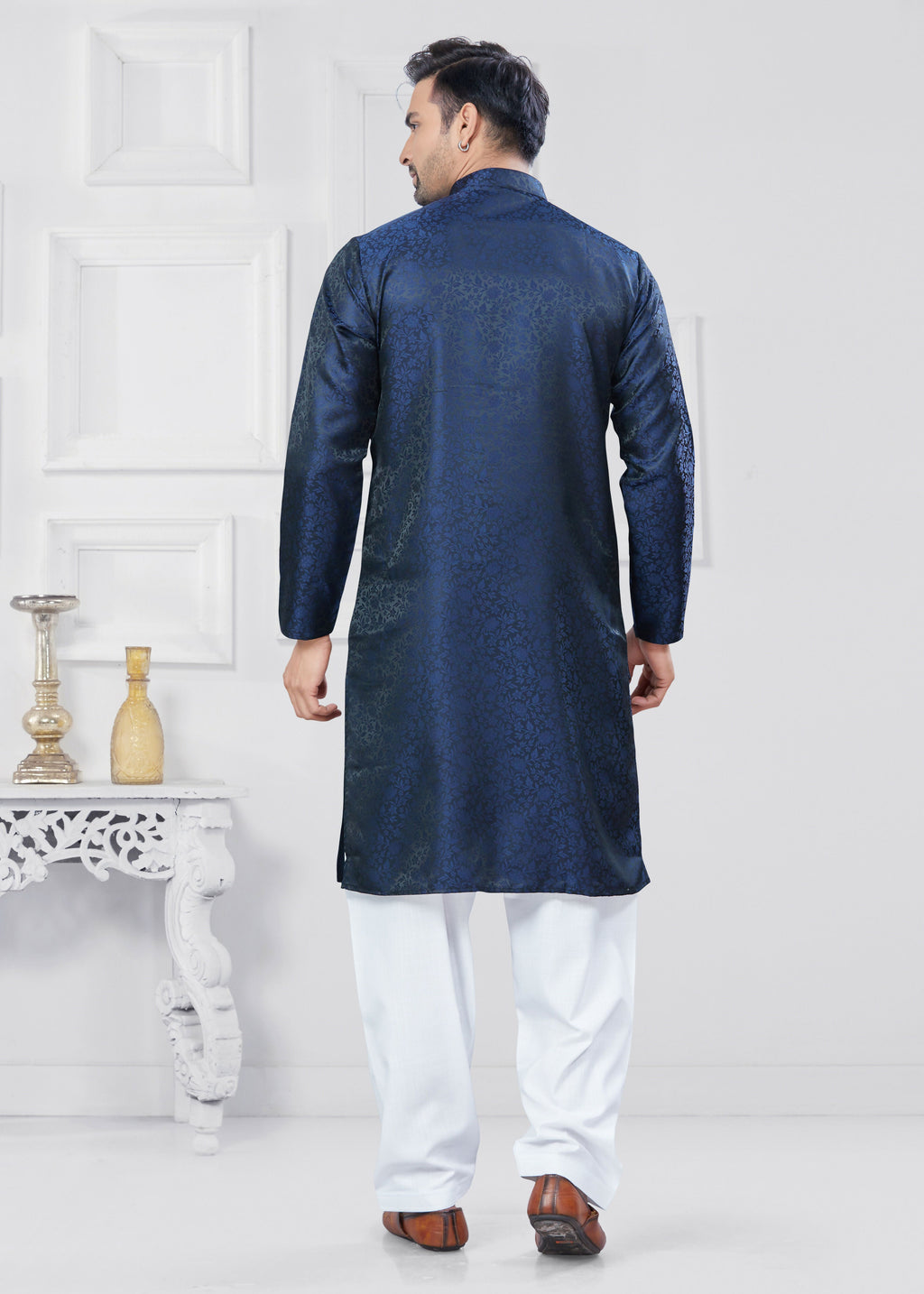 Joban Fashion Men's Jacquard Silk Navy Blue Printed Kurta Pyjama set
