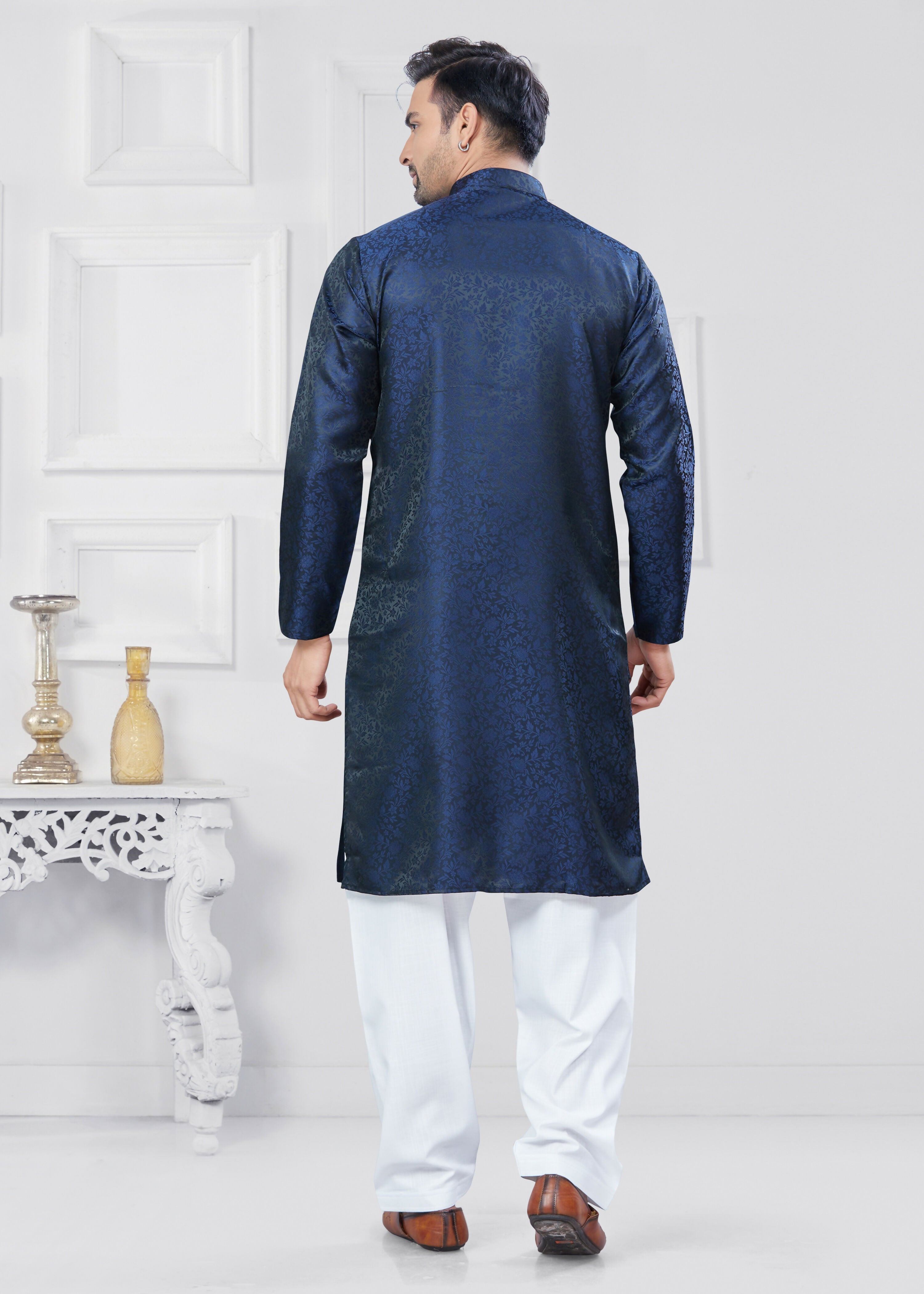 Joban Fashion Men's Jacquard Silk Navy Blue Printed Kurta Pyjama set
