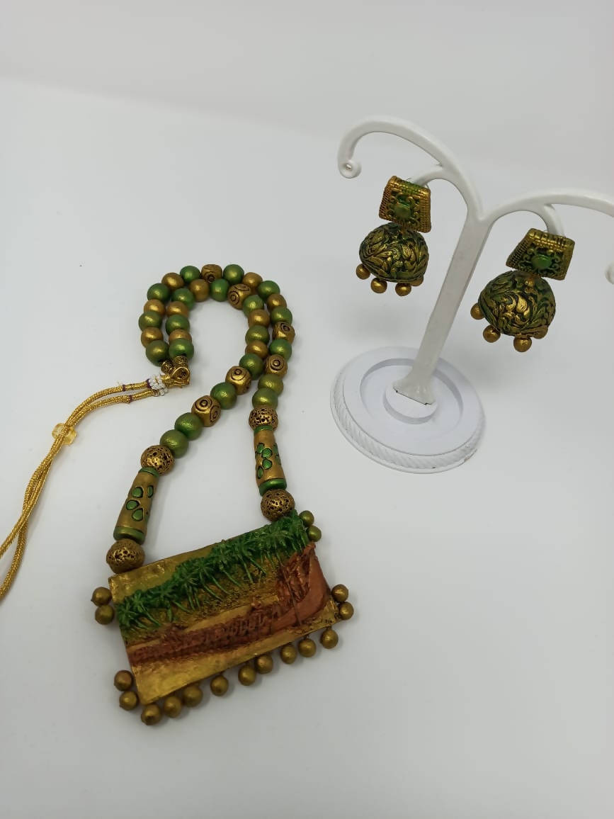 Terracotta Green and Gold Kerala Style Rowing Boat Pendant Long Necklace Set with Temple Earrings