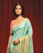 Sea Green Silk Striped Pattern Saree With Unstitched Blouse Piece - Zyanya