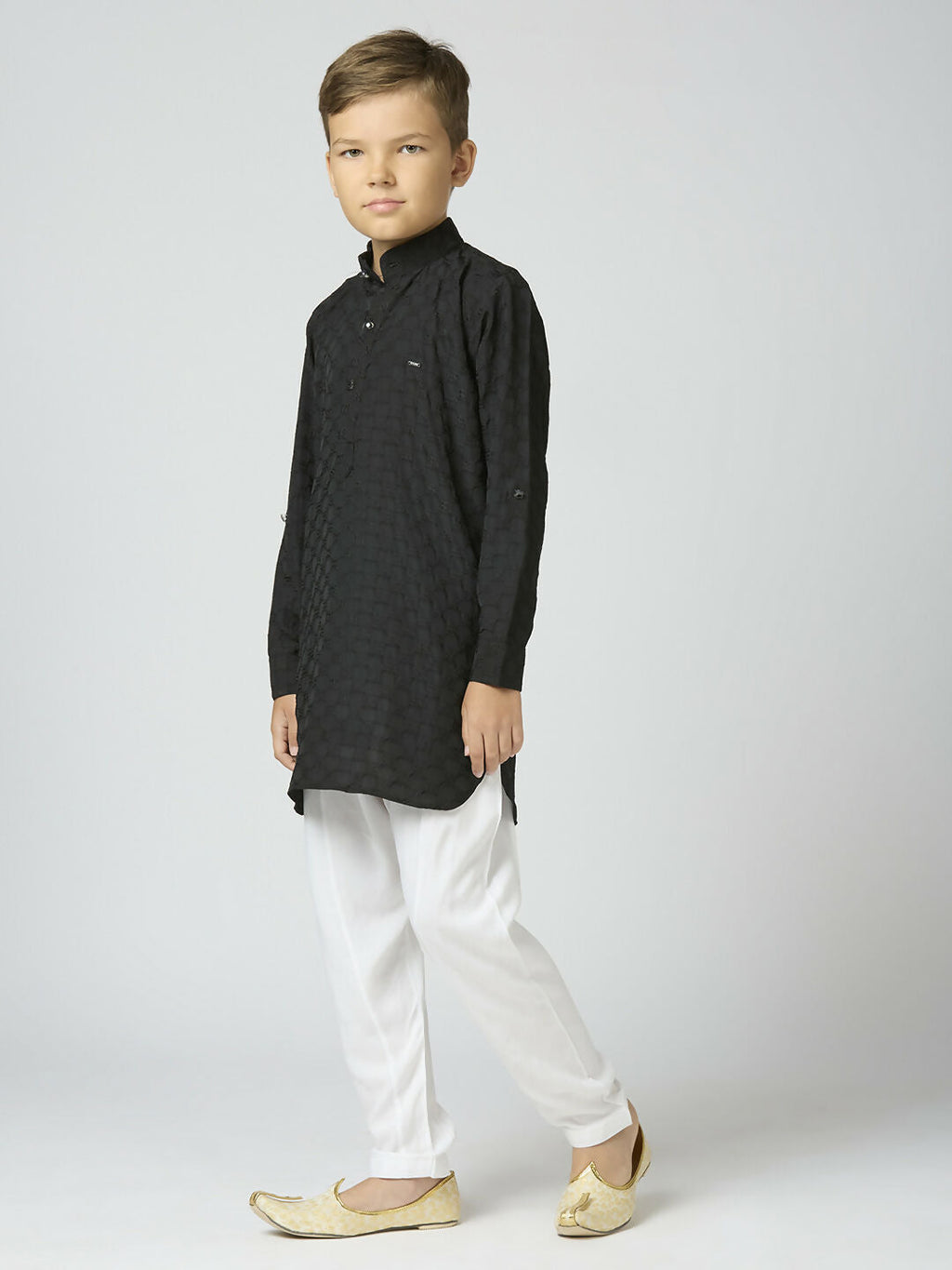 Joban Fashion Kids Island Full Sleeves Texture Cotton Kurta and Pyjama Set - Black - Distacart