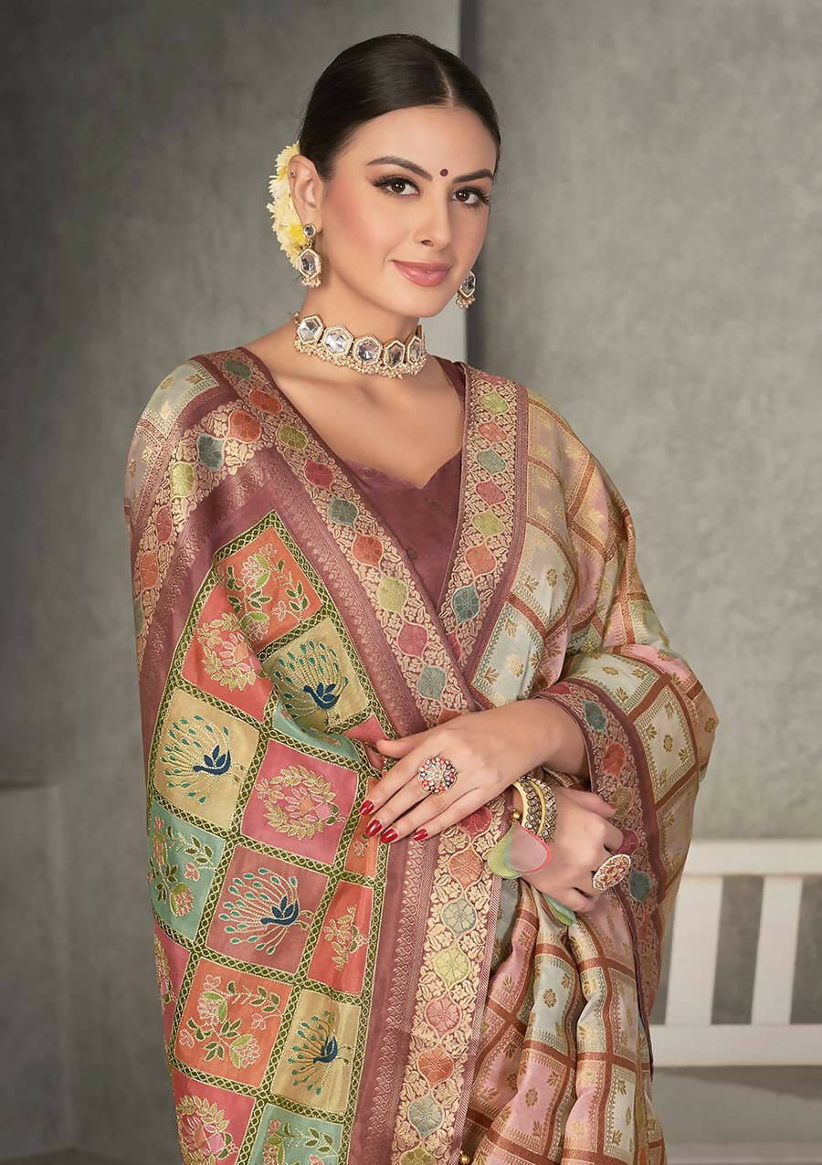 Peach Rangkat Tussar Silk Woven Design Saree with Unstitched Blouse - Mohmanthan Eshani
