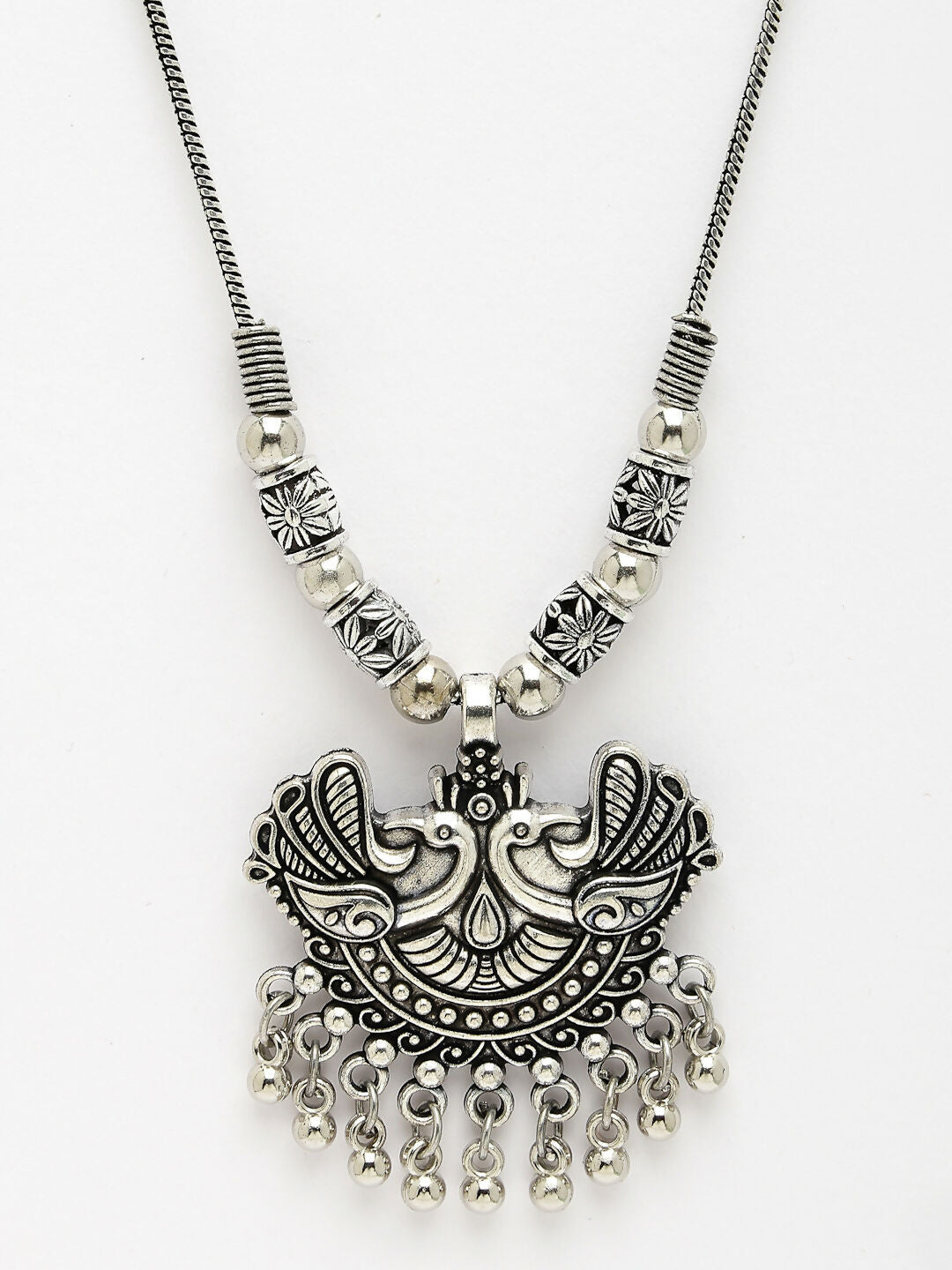 NVR Women's Silver-Toned Peacock Design Pendant with Chain