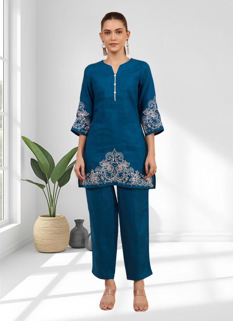 Joban Fashion Teal Linen Embroidered Readymade Cord Set - Distacart