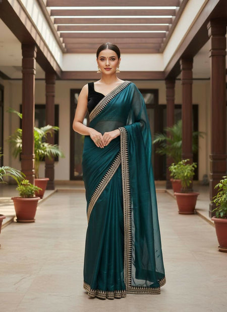 Joban Fashion Petrol Soft twill Net Party Wear Sarees