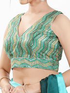 Joban Fashion Green Multi Silk Padded Blouse With V Neck Sleeveless - Distacart
