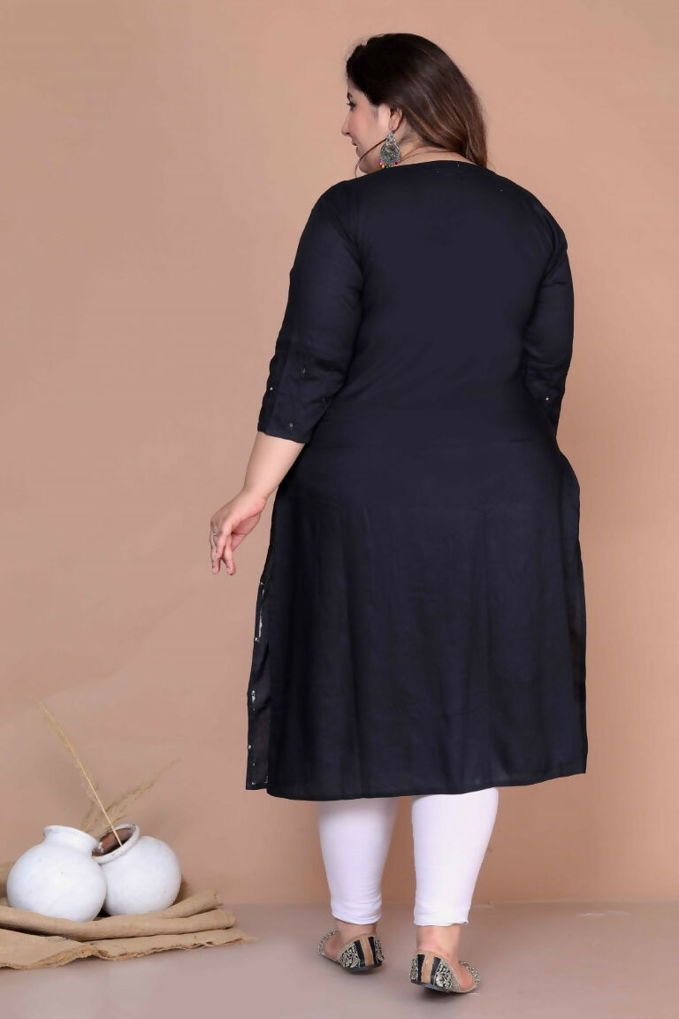 Miravan Women's Plus Size Black Mirror Work Embroidered Pakistani Straight Kurti
