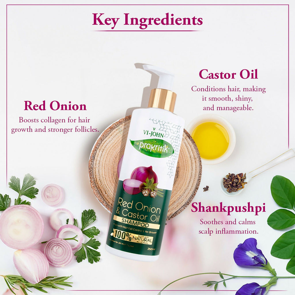 VI-JOHN Prakritik Red Onion & Castor Oil Shampoo Helps with Hair Fall & Re-Growth 100% Bio Actives