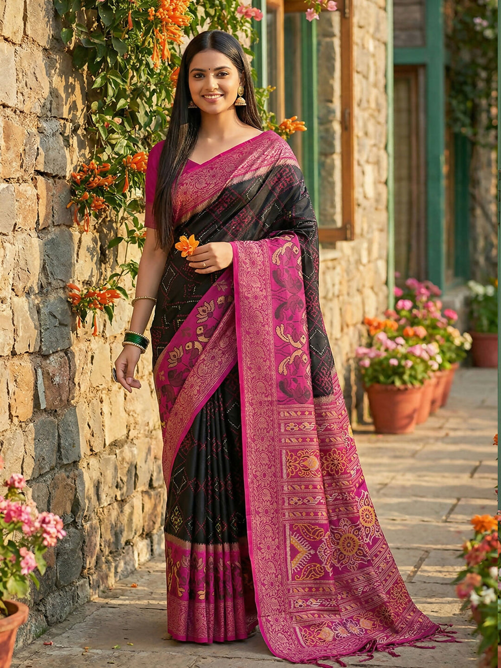 Shree Shyam Fashion Black Pochampally Silk Saree - Distacart