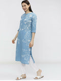 Cheera Women Stylish Hand Block Printed Cotton Blend Flared Kurta - Sky Blue