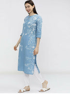 Cheera Women Stylish Hand Block Printed Cotton Blend Flared Kurta - Sky Blue