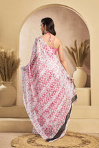 Vastranavya White Red Digital Printed Linen Ready To Wear Designer Saree with Unstitched Blouse - Distacart