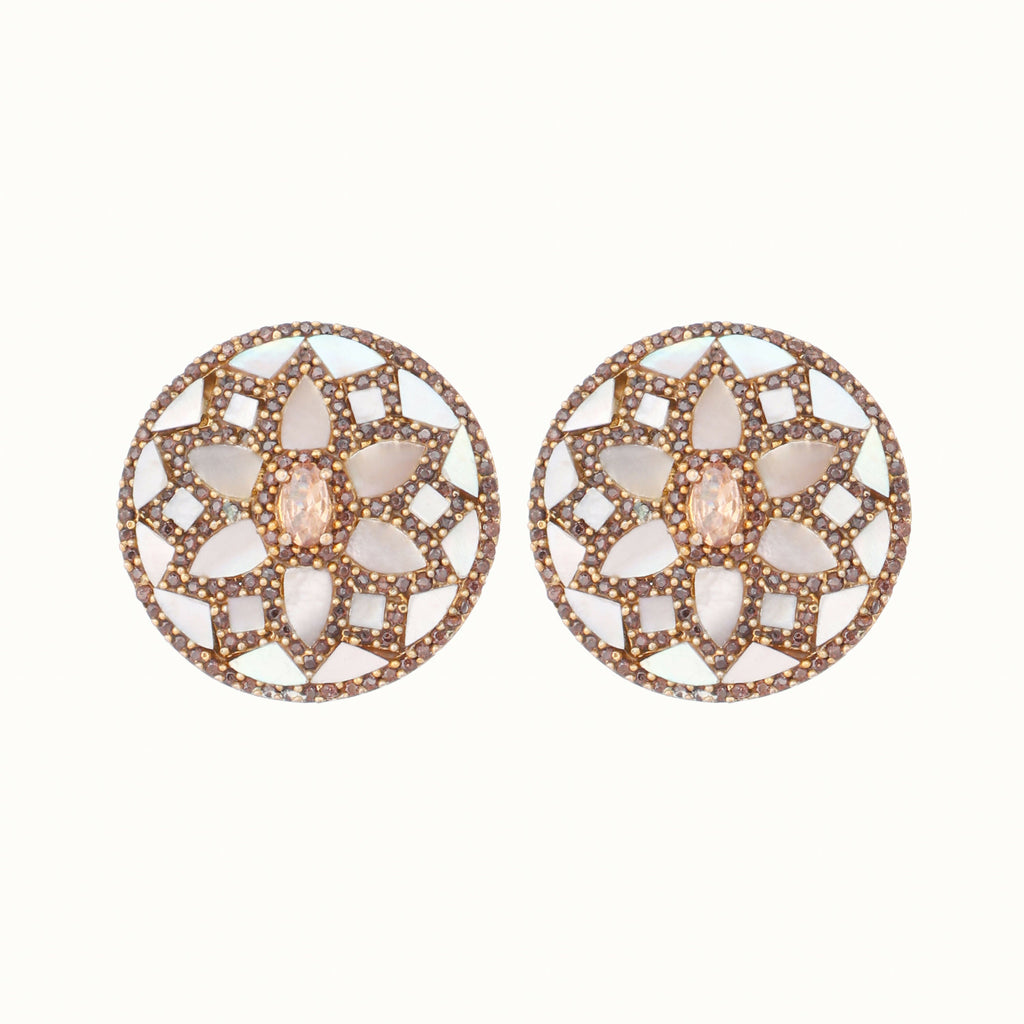 Nuyug 22K Gold Plated Mother of Pearls and Stone Studded Contemporary Floral Shaped Studs - Distacart