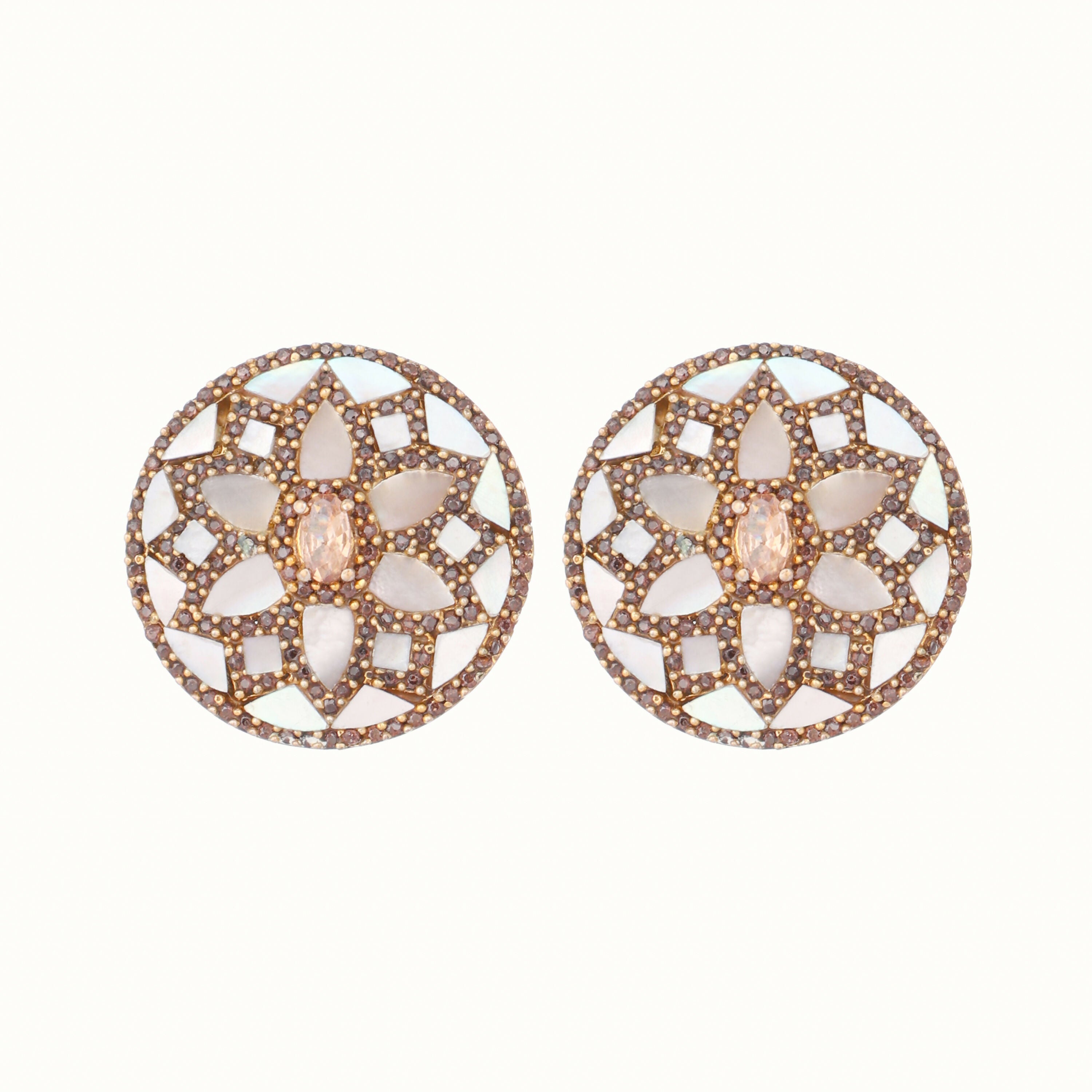Nuyug 22K Gold Plated Mother of Pearls and Stone Studded Contemporary Floral Shaped Studs - Distacart