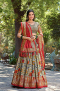 Vastranavya Kalamkari Print With Foil Print Lehenga with Unstitched Printed Blouse - Grey