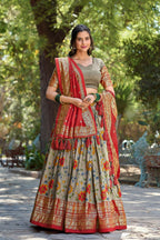 Vastranavya Kalamkari Print With Foil Print Lehenga with Unstitched Printed Blouse - Grey