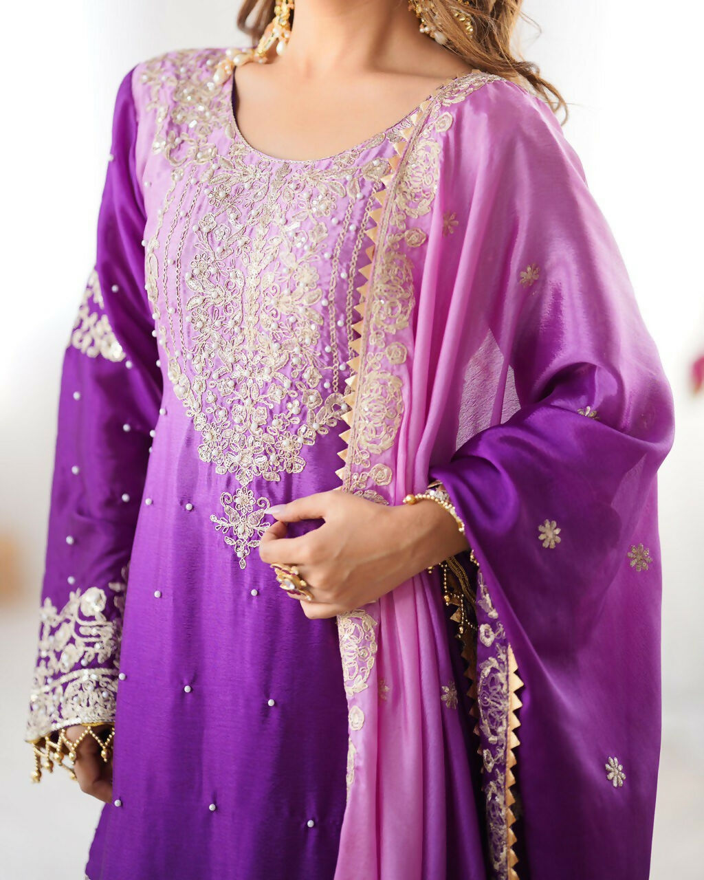 The52 Women's Beautiful Chinon silk Fabric Embroidery Work Straight Kurta Palazzo and Dupatta Set - Distacart