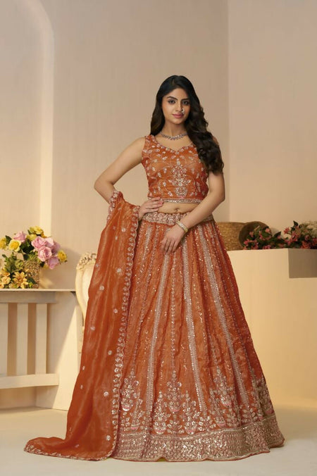 Kesar Fab Orange Jimmy Choo Hand_Woven Lehenga