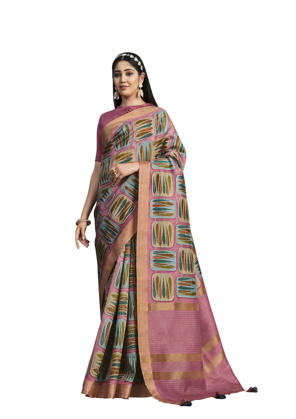 Pink Tusser Silk Floral Printed With Embroidered Work Saree With Unstitched Blouse - Mohmanthan Aahana