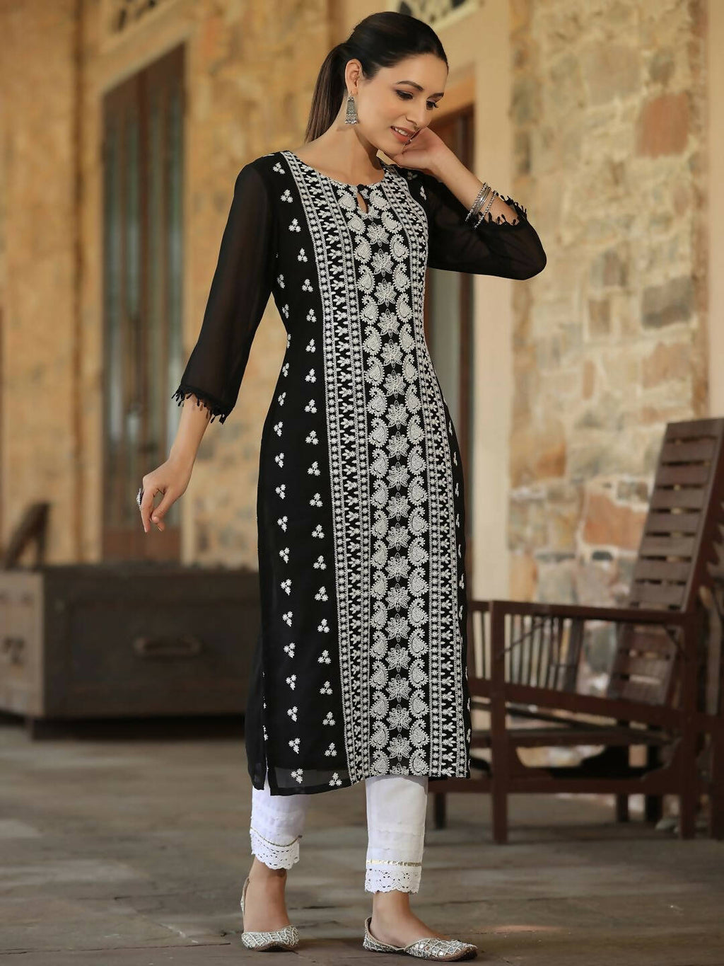 Juniper Women's Black Georgette Printed Kurta - Distacart