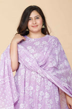 Miravan Women's Plus Size Lavender Floral Flared Sleeves Anarkali Kurta With Dupatta