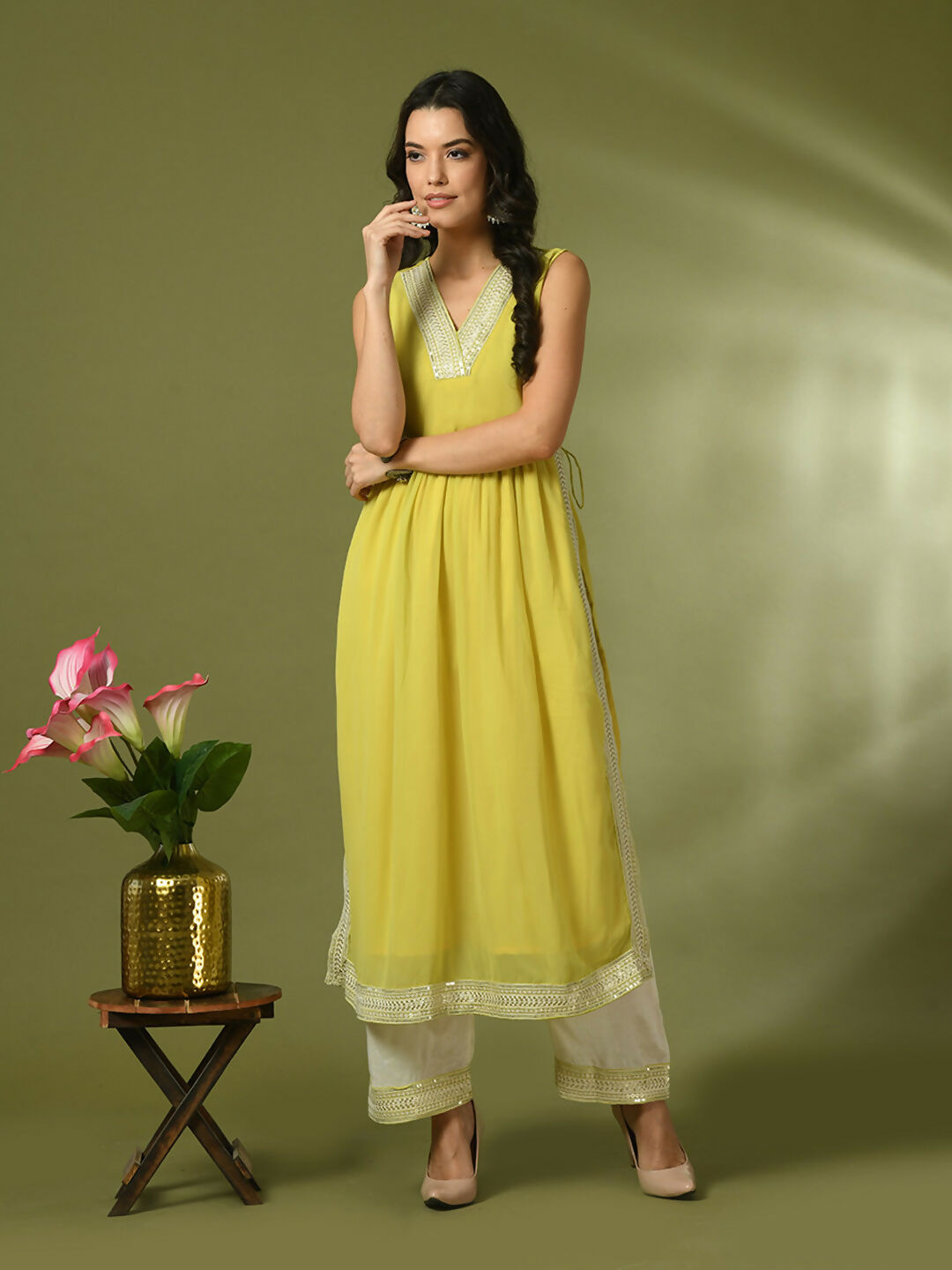 Myshka Women's Yellow Solid Georgette Anarkali Party Kurta Set