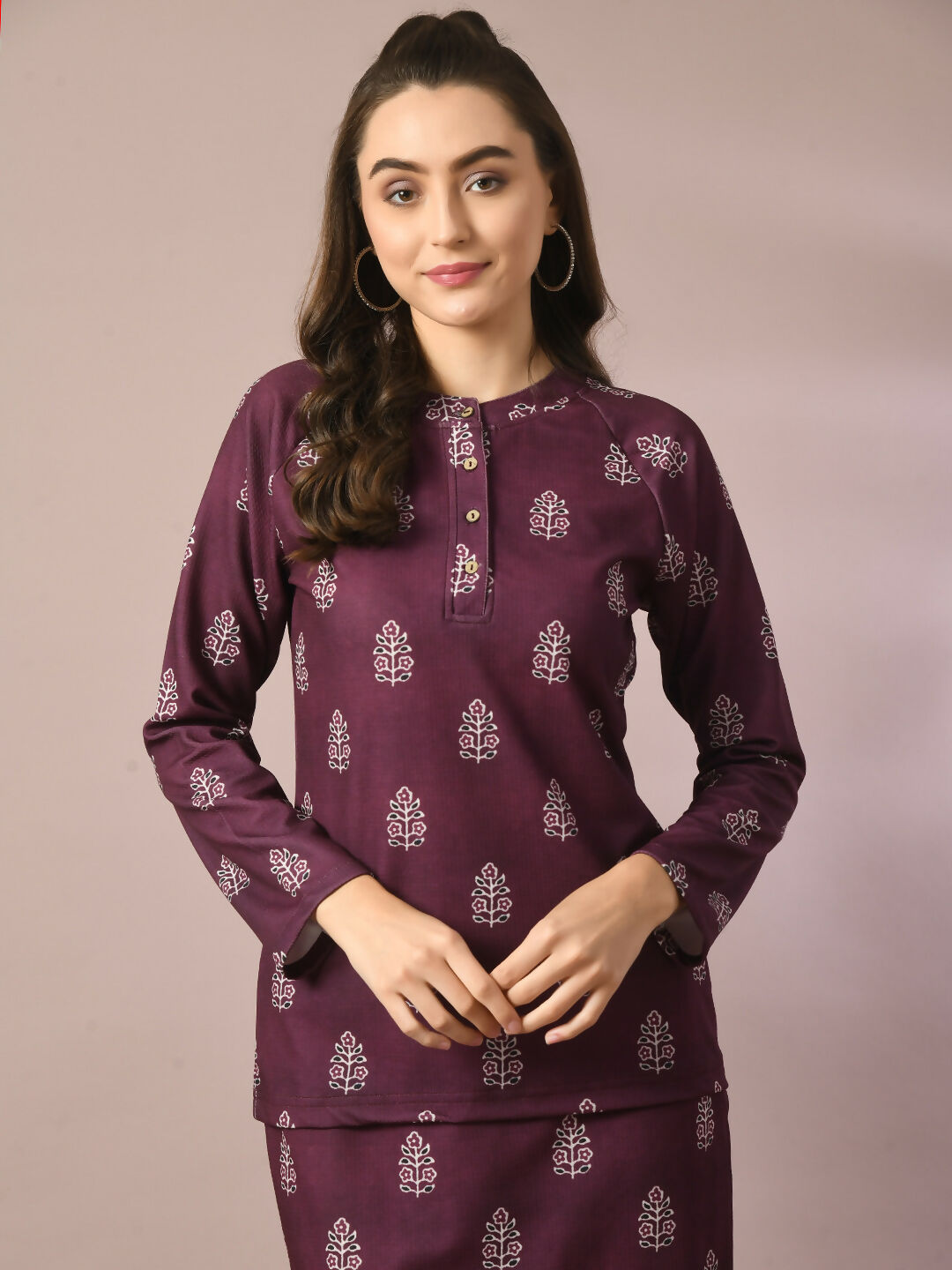 Myshka Women's Magenta Printed Round Neck Party Top With Skirt Co-ord set