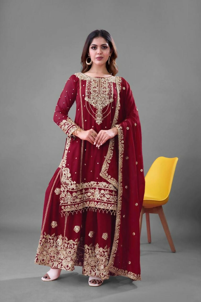 Teeya Creation Red Color Faux georgette Embroidery Work Sharara Set - Distacart