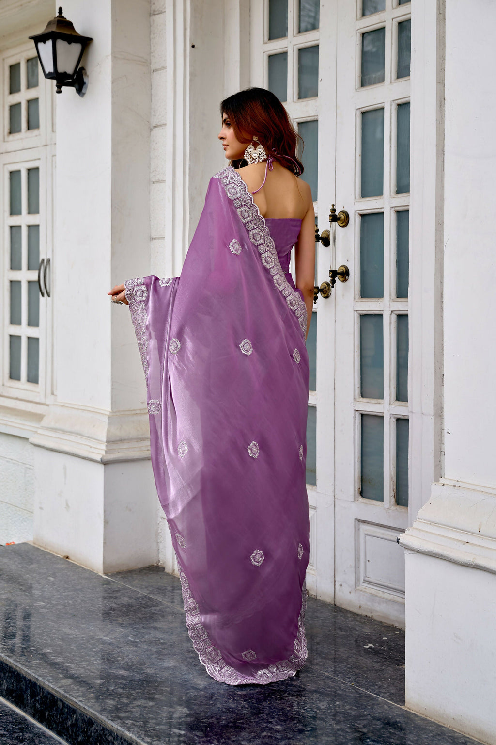 Vastranavya Lavender Embroidery Work Shimmer Chiffon Saree with Unstitched Blouse - Distacart