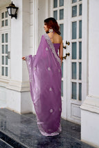 Vastranavya Lavender Embroidery Work Shimmer Chiffon Saree with Unstitched Blouse - Distacart