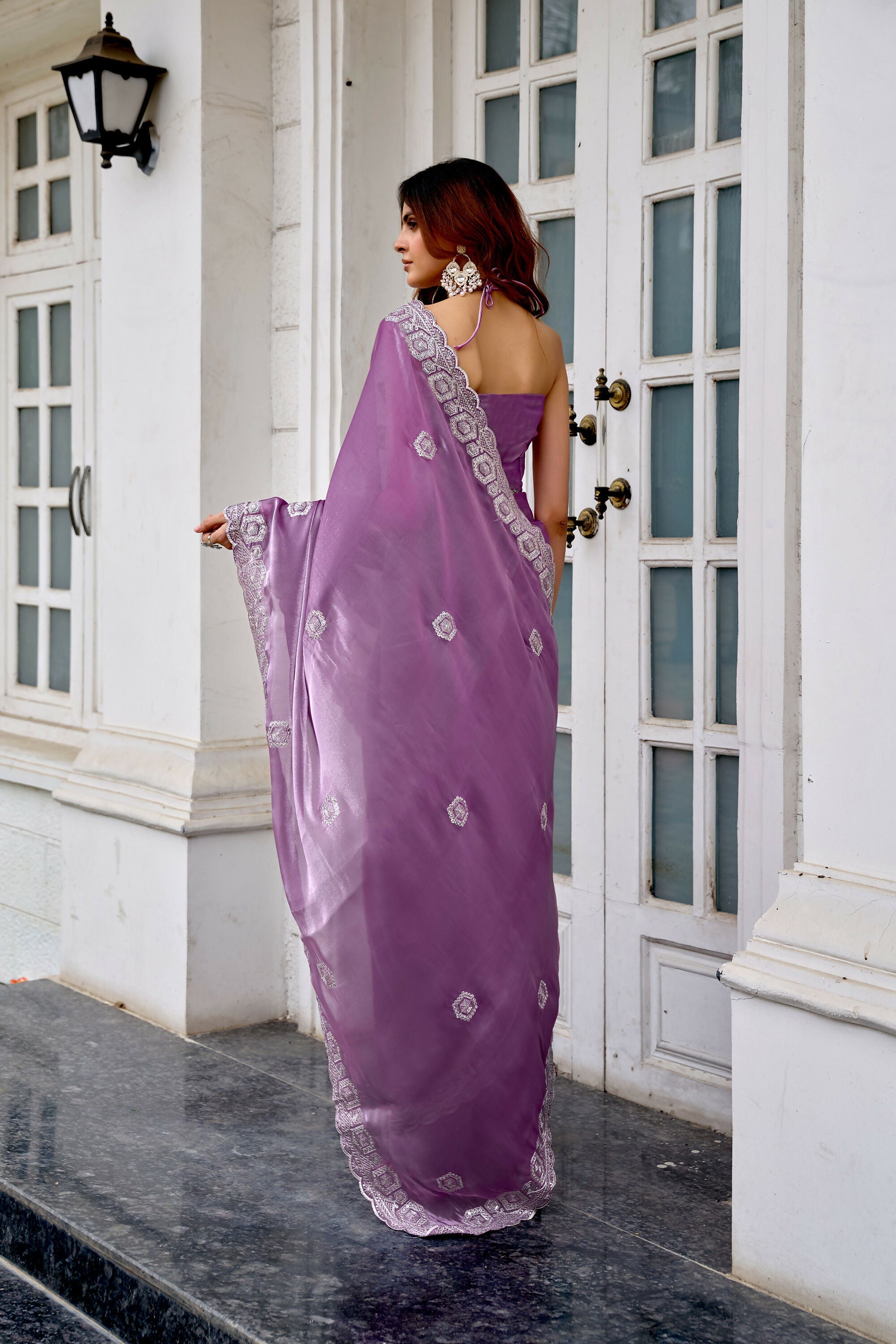 Vastranavya Lavender Embroidery Work Shimmer Chiffon Saree with Unstitched Blouse - Distacart