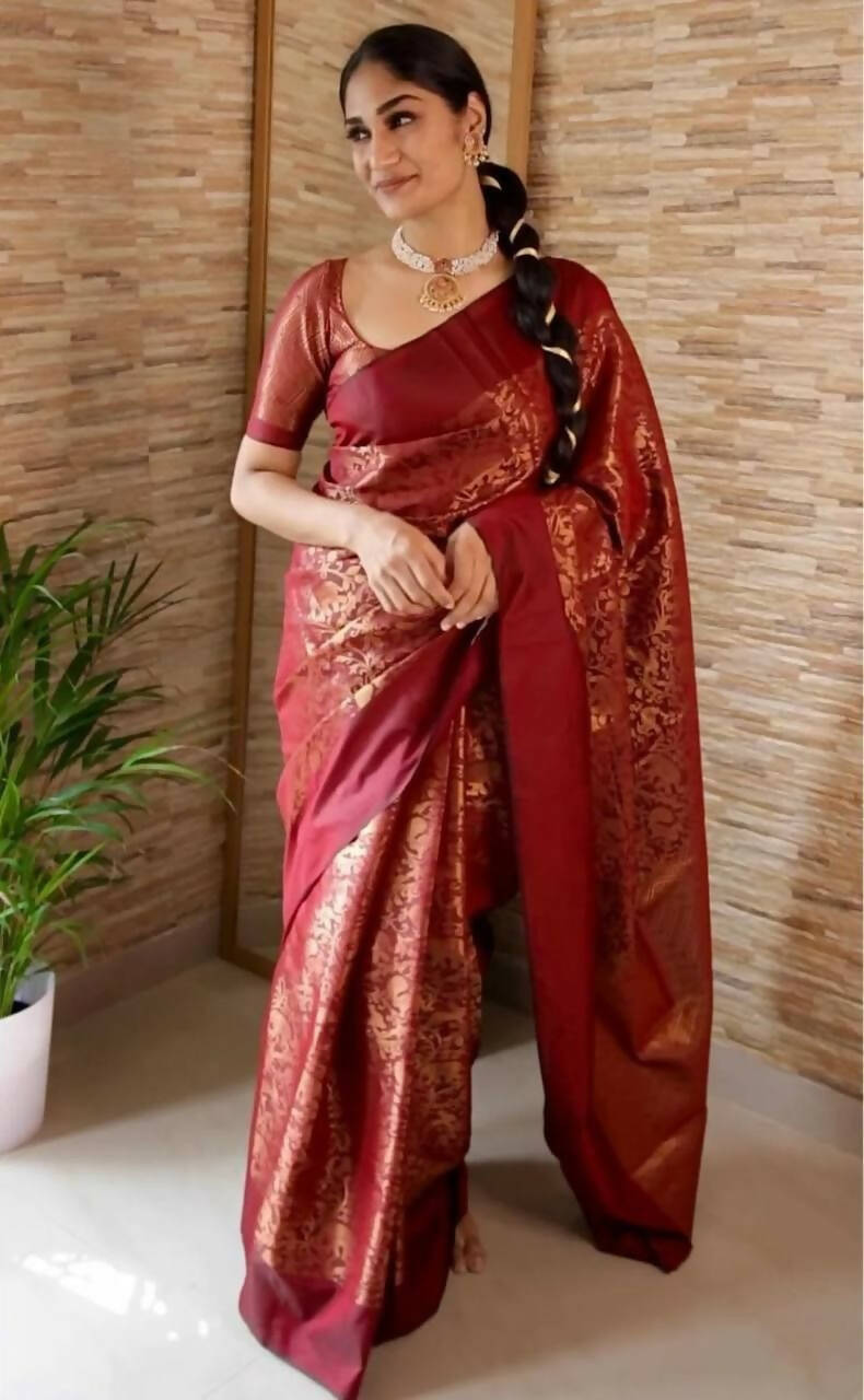 DEIANA'S Beautiful Designer Golden zari Soft Lichi Silk Saree - Brown