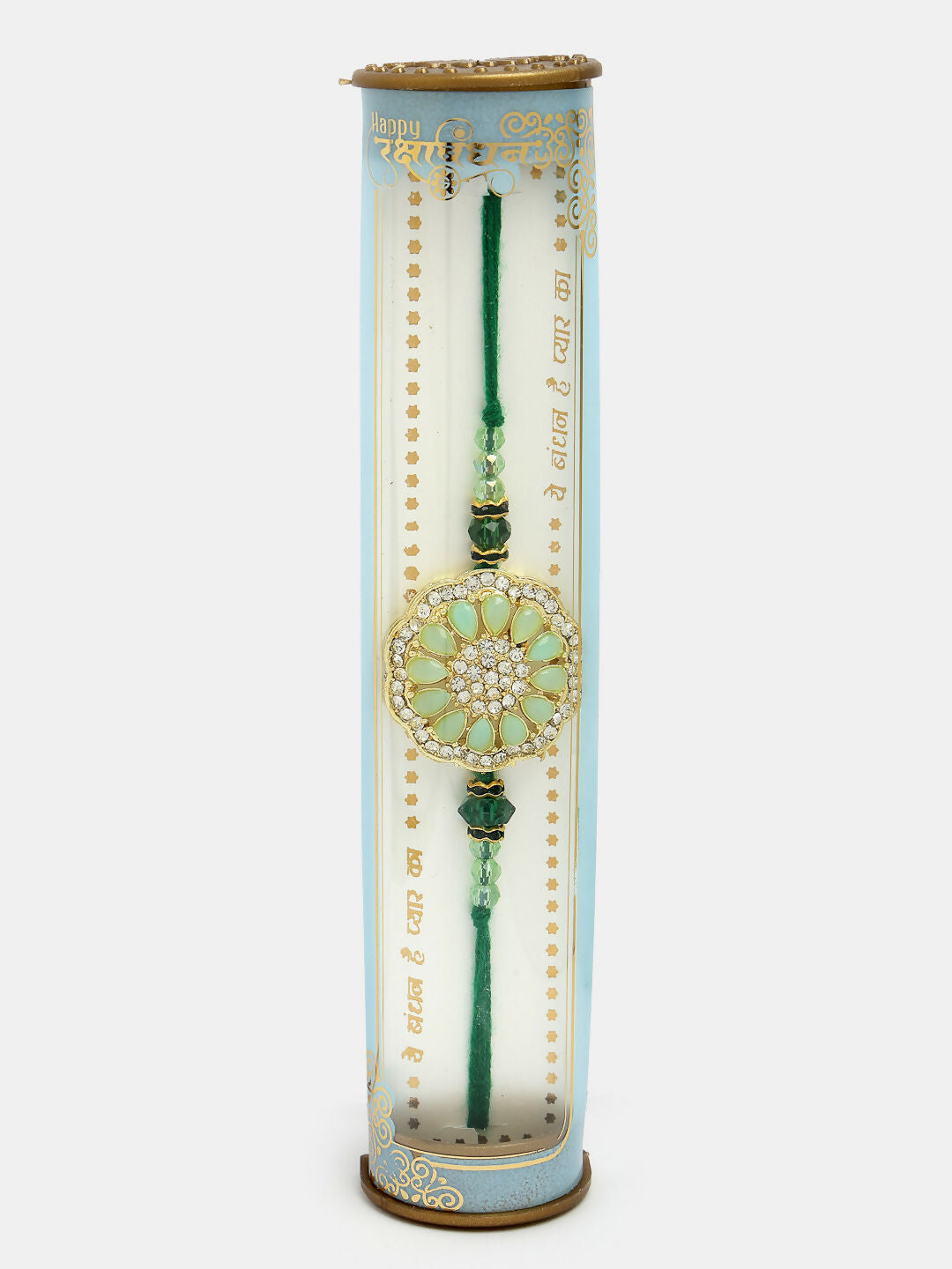 NVR Men Set of 2 Pink & Green Stone-Studded Rakhi With Roli Chawal & Chocolate - Distacart