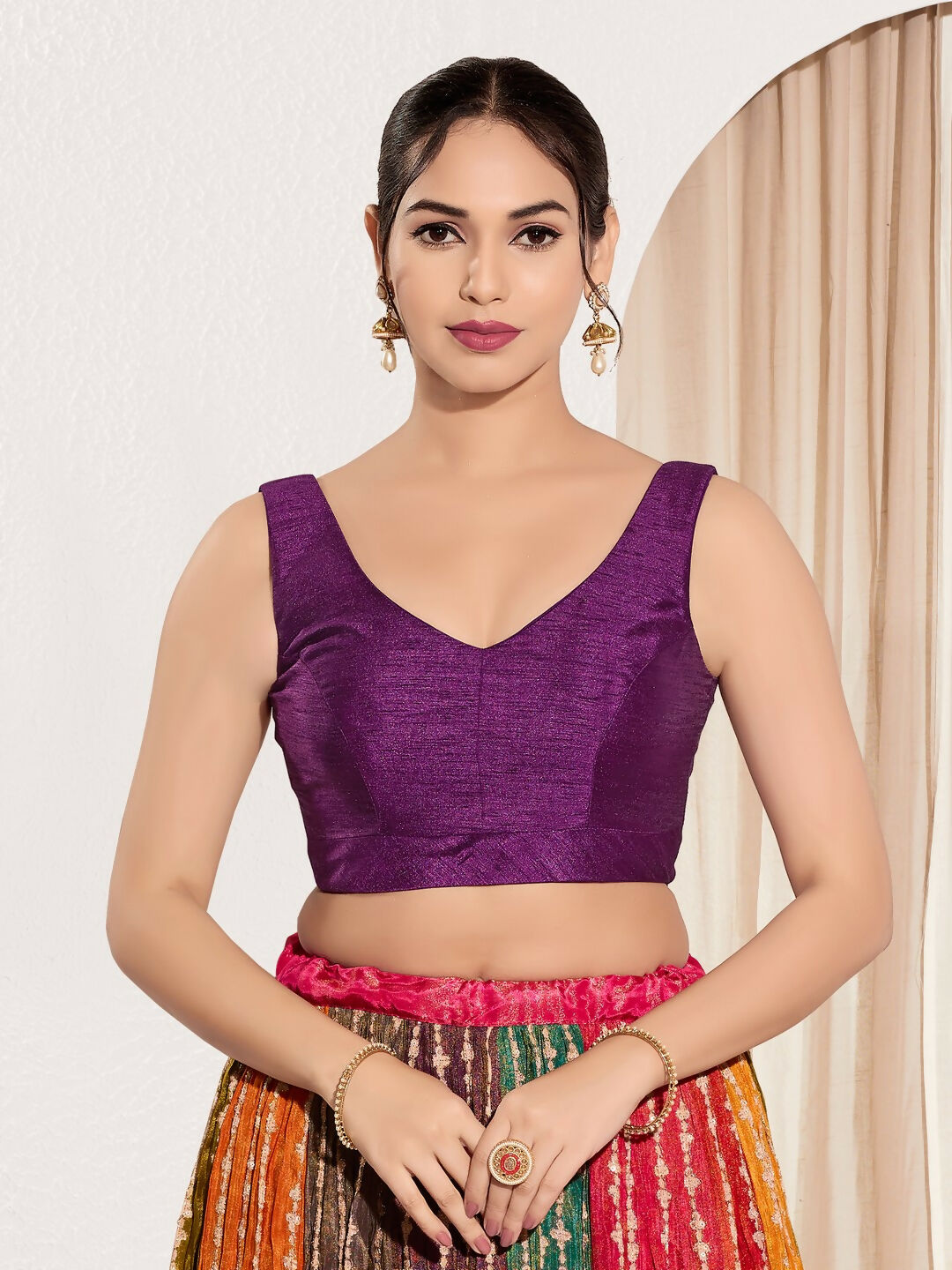 Joban Fashion Wine Mulberry Silk Padded Blouse With Round Neck Sleeveless - Distacart