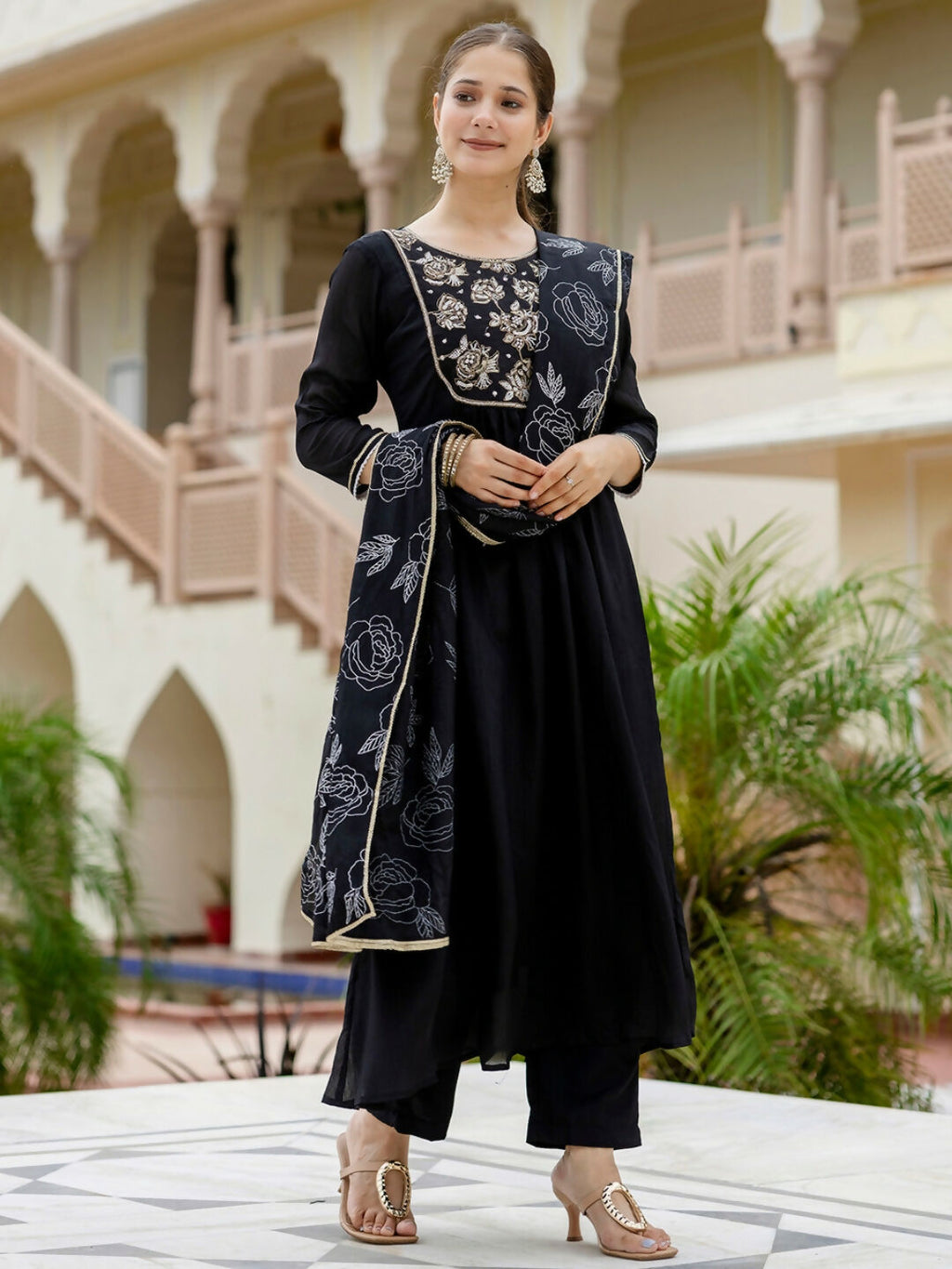 The52 Black Women's Beautiful Embroidered work Chinon Fabric with Flared Kurta, Pant and Dupatta Set - Distacart