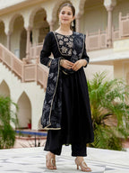 The52 Black Women's Beautiful Embroidered work Chinon Fabric with Flared Kurta, Pant and Dupatta Set - Distacart