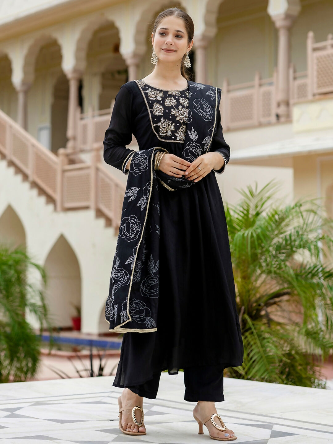 The52 Black Women's Beautiful Embroidered work Chinon Fabric with Flared Kurta, Pant and Dupatta Set - Distacart